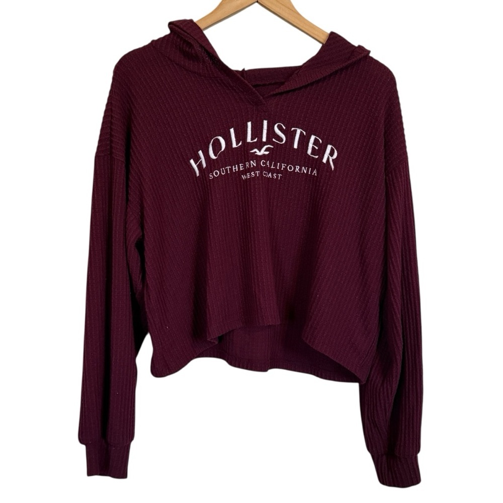 Hollister Burgundy Waffle Oversized Cropped Hoodie Sweater Medium